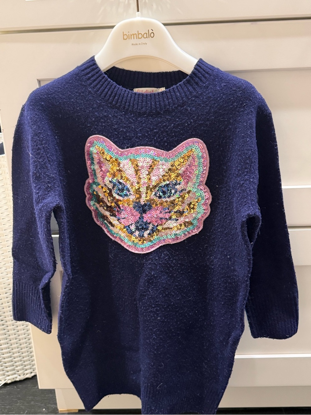 Billieblush Navy Sweater Dress with Multicolor Sequin Cat Patch